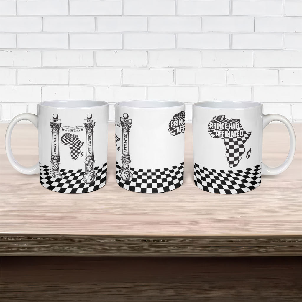 Prince Hall Affiliated Freemasonry Ceramic Mug Classic Masonic Pillars Boaz Jachin Checkerboard Africa Map