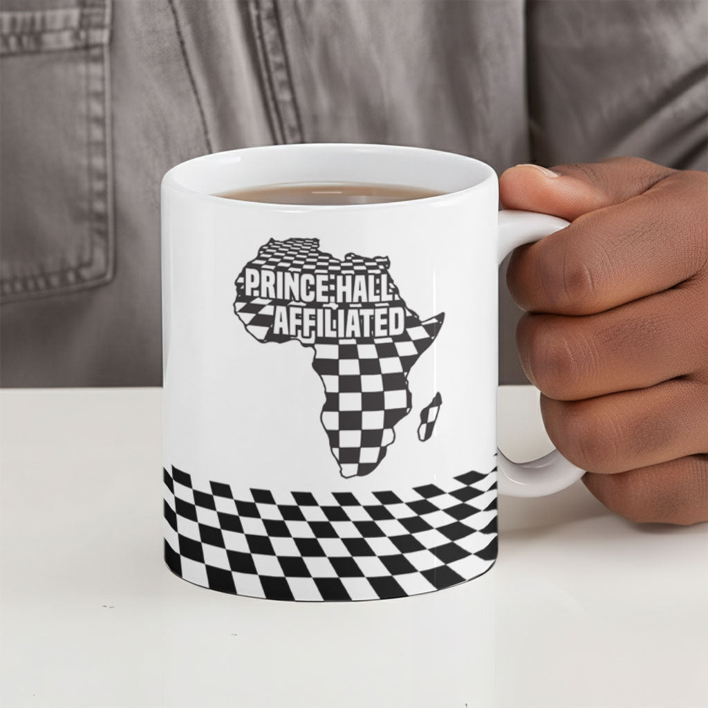 Prince Hall Affiliated Freemasonry Ceramic Mug Classic Masonic Pillars Boaz Jachin Checkerboard Africa Map