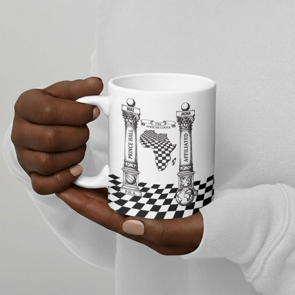 Prince Hall Affiliated Freemasonry Ceramic Mug Classic Masonic Pillars Boaz Jachin Checkerboard Africa Map