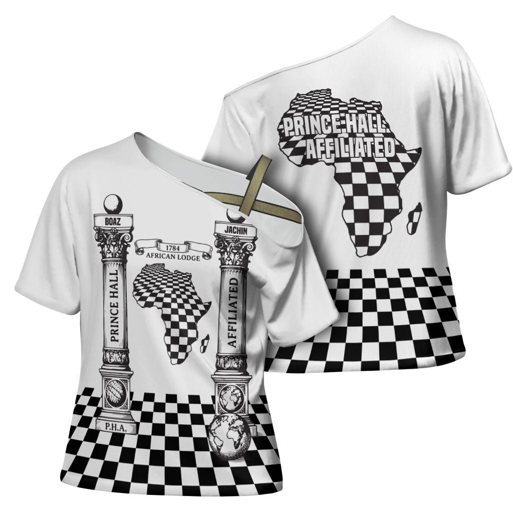 Prince Hall Affiliated Freemasonry Cross Shoulder Shirt Classic Masonic Pillars Boaz Jachin Checkerboard Africa Map
