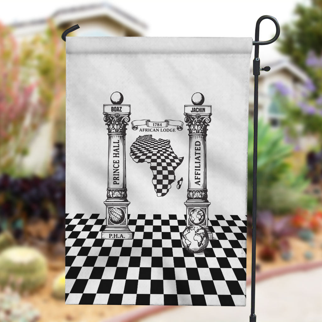 Prince Hall Affiliated Freemasonry Garden Flag Classic Masonic Pillars Boaz Jachin Checkerboard Africa Map