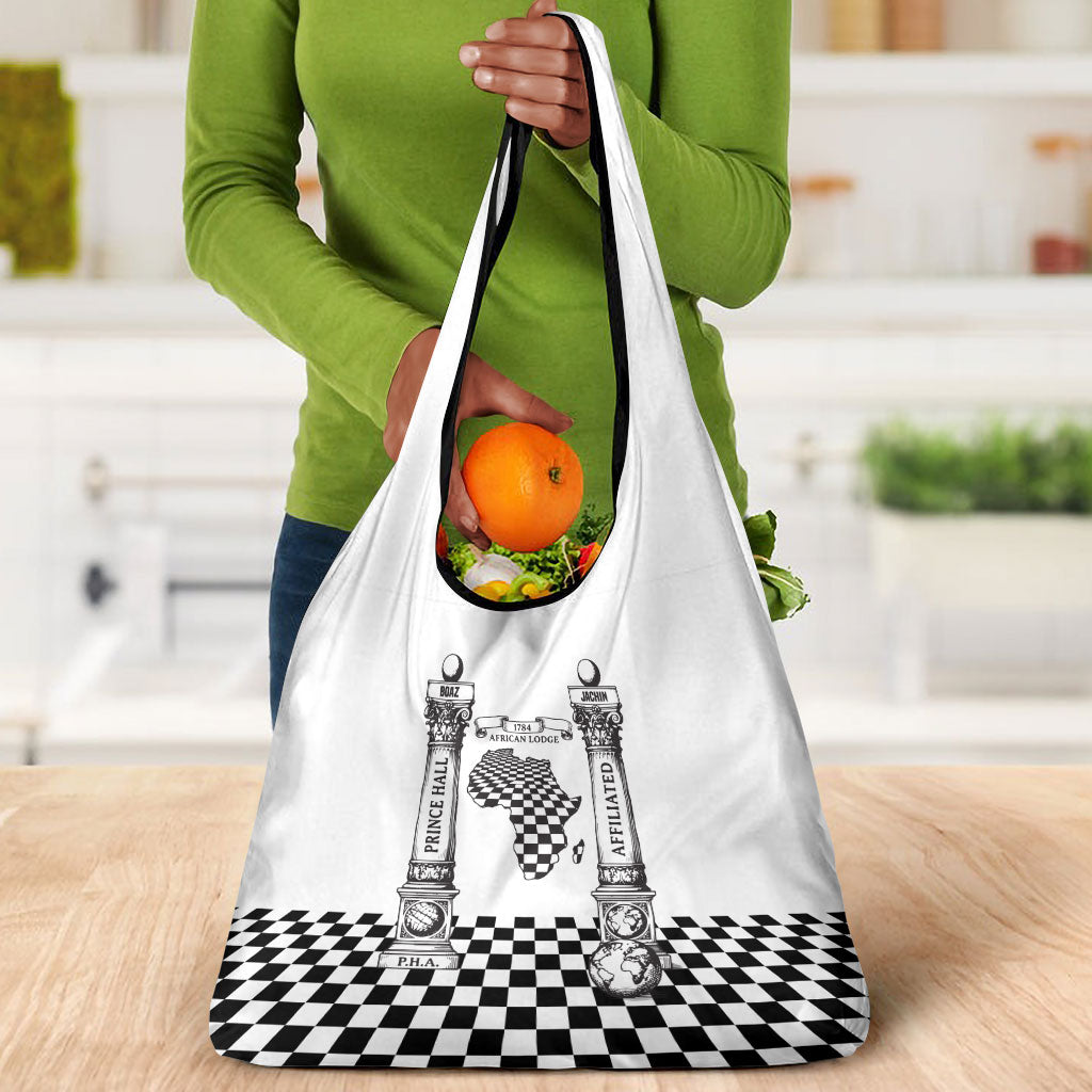 Prince Hall Affiliated Freemasonry Grocery Bag Classic Masonic Pillars Boaz Jachin Checkerboard Africa Map