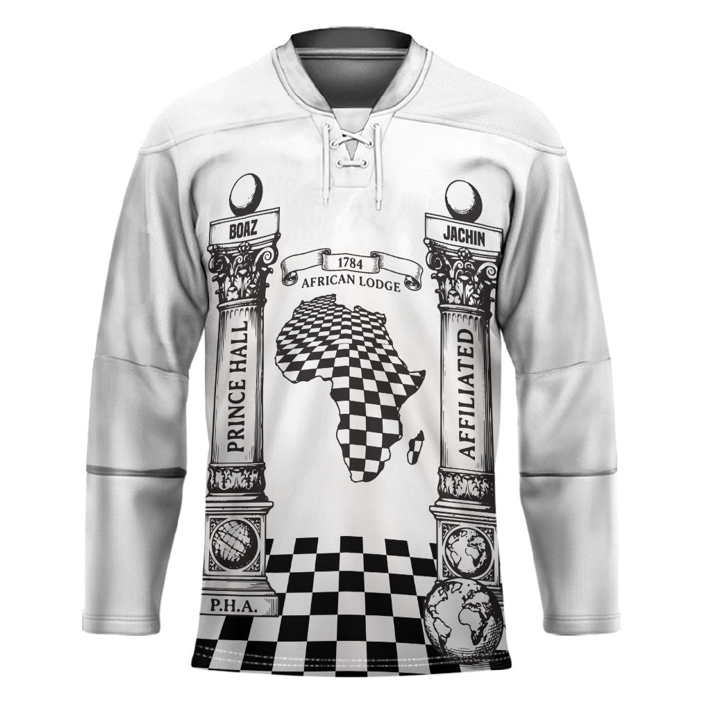 Prince Hall Affiliated Freemasonry Hockey Jersey Classic Masonic Pillars Boaz Jachin Checkerboard Africa Map
