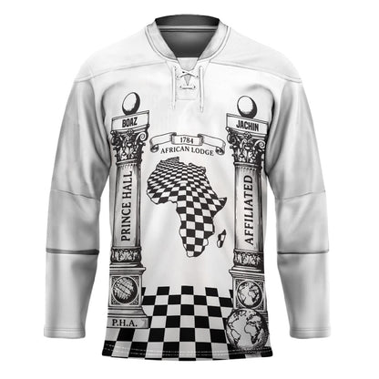 Prince Hall Affiliated Freemasonry Hockey Jersey Classic Masonic Pillars Boaz Jachin Checkerboard Africa Map