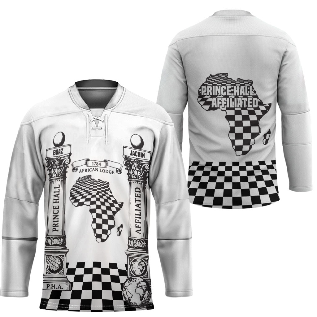 Prince Hall Affiliated Freemasonry Hockey Jersey Classic Masonic Pillars Boaz Jachin Checkerboard Africa Map