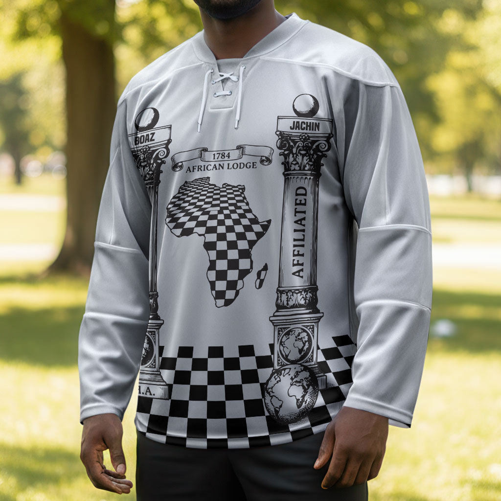 Prince Hall Affiliated Freemasonry Hockey Jersey Classic Masonic Pillars Boaz Jachin Checkerboard Africa Map