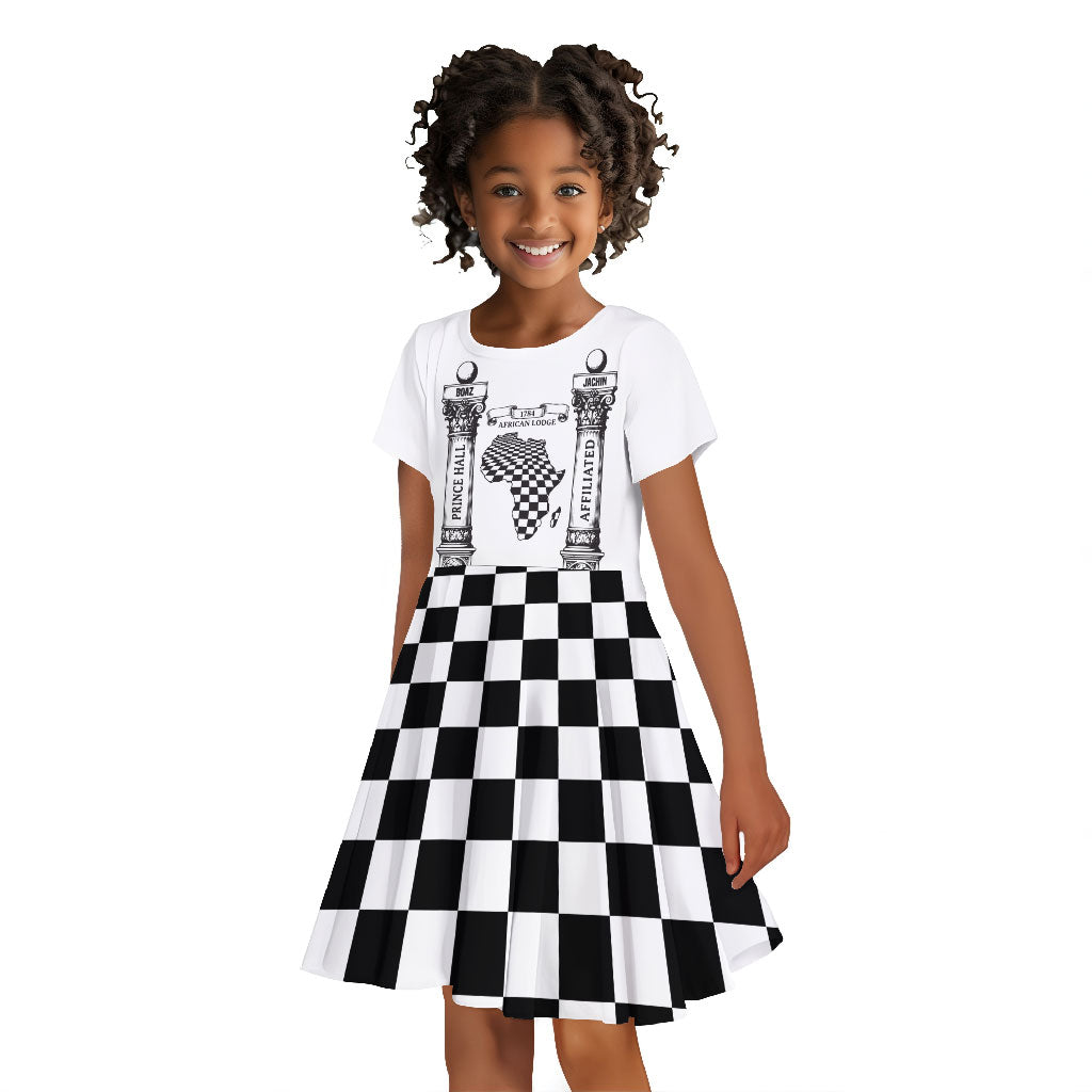 Prince Hall Affiliated Freemasonry Kid Short Sleeve Dress Classic Masonic Pillars Boaz Jachin Checkerboard Africa Map