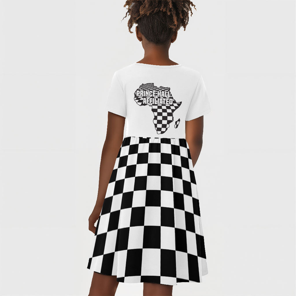 Prince Hall Affiliated Freemasonry Kid Short Sleeve Dress Classic Masonic Pillars Boaz Jachin Checkerboard Africa Map