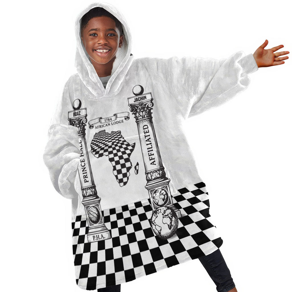 Prince Hall Affiliated Freemasonry Kid Wearable Blanket Hoodie Classic Masonic Pillars Boaz Jachin Checkerboard Africa Map