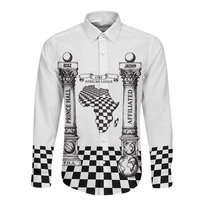 Prince Hall Affiliated Freemasonry Long Sleeve Button Shirt Classic Masonic Pillars Boaz Jachin Checkerboard Africa Map