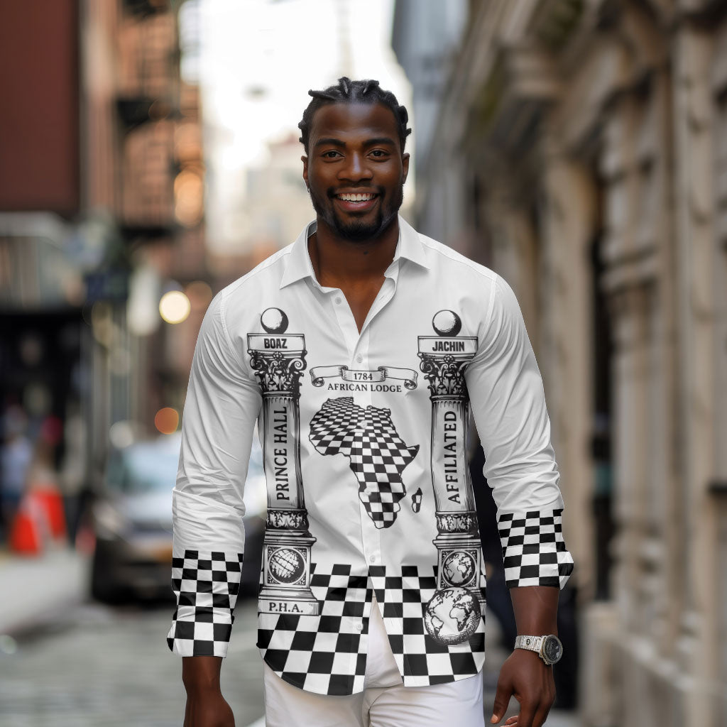 Prince Hall Affiliated Freemasonry Long Sleeve Button Shirt Classic Masonic Pillars Boaz Jachin Checkerboard Africa Map