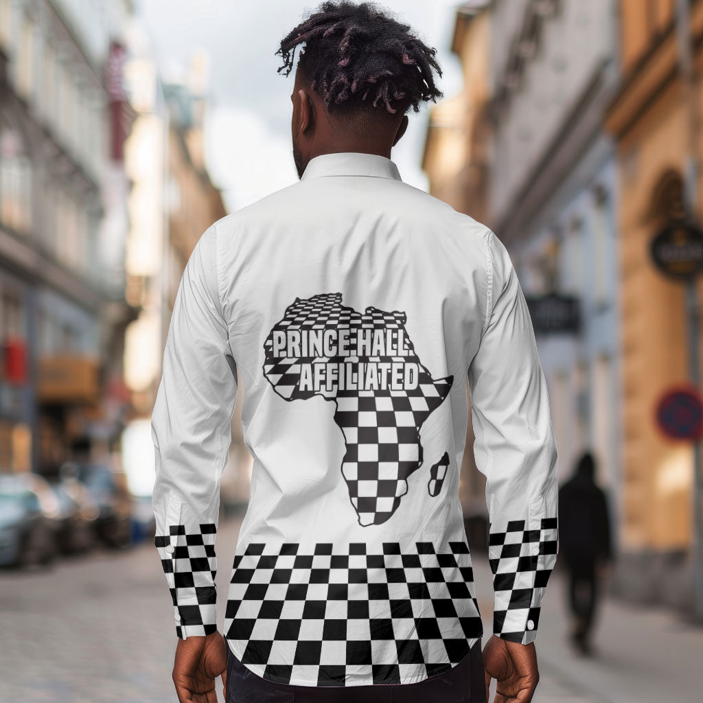 Prince Hall Affiliated Freemasonry Long Sleeve Button Shirt Classic Masonic Pillars Boaz Jachin Checkerboard Africa Map