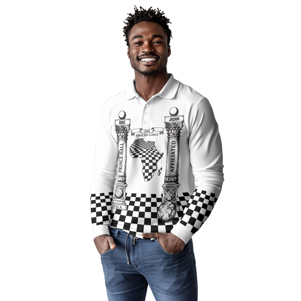 Prince Hall Affiliated Freemasonry Long Sleeve Polo Shirt Classic Masonic Pillars Boaz Jachin Checkerboard Africa Map