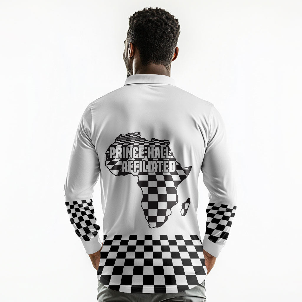 Prince Hall Affiliated Freemasonry Long Sleeve Polo Shirt Classic Masonic Pillars Boaz Jachin Checkerboard Africa Map