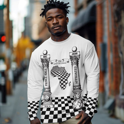 Prince Hall Affiliated Freemasonry Long Sleeve Shirt Classic Masonic Pillars Boaz Jachin Checkerboard Africa Map