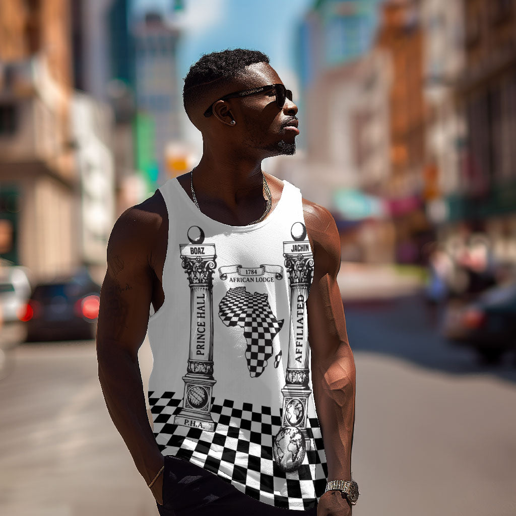 Prince Hall Affiliated Freemasonry Men Tank Top Classic Masonic Pillars Boaz Jachin Checkerboard Africa Map