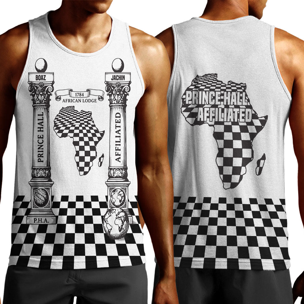 Prince Hall Affiliated Freemasonry Men Tank Top Classic Masonic Pillars Boaz Jachin Checkerboard Africa Map