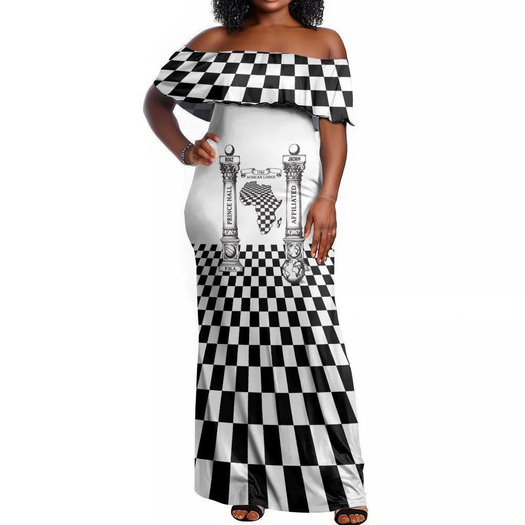 Prince Hall Affiliated Freemasonry Off Shoulder Maxi Dress Classic Masonic Pillars Boaz Jachin Checkerboard Africa Map