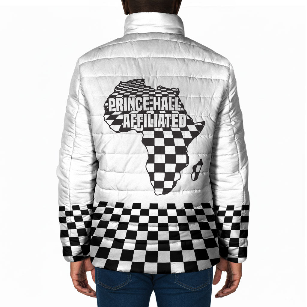 Prince Hall Affiliated Freemasonry Padded Jacket Classic Masonic Pillars Boaz Jachin Checkerboard Africa Map