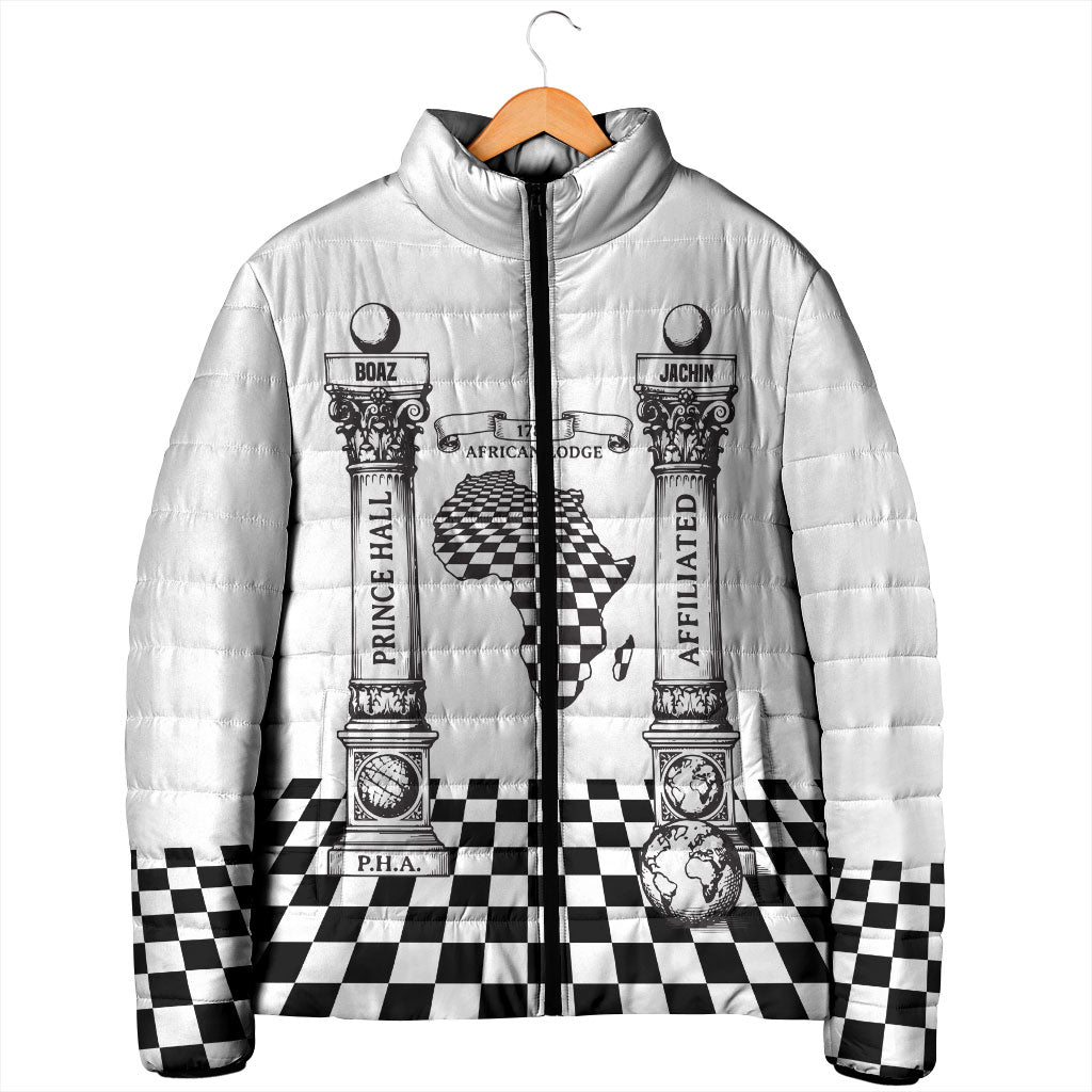 Prince Hall Affiliated Freemasonry Padded Jacket Classic Masonic Pillars Boaz Jachin Checkerboard Africa Map