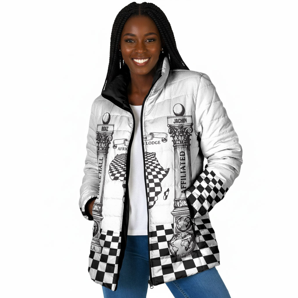 Prince Hall Affiliated Freemasonry Padded Jacket Classic Masonic Pillars Boaz Jachin Checkerboard Africa Map