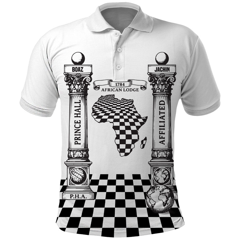 Prince Hall Affiliated Freemasonry Polo Shirt Classic Masonic Pillars Boaz Jachin Checkerboard Africa Map