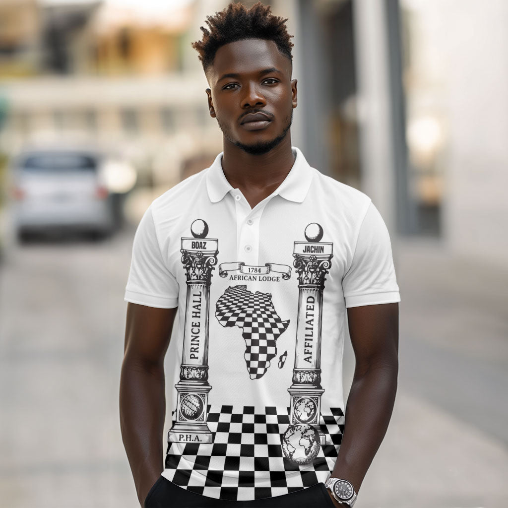 Prince Hall Affiliated Freemasonry Polo Shirt Classic Masonic Pillars Boaz Jachin Checkerboard Africa Map