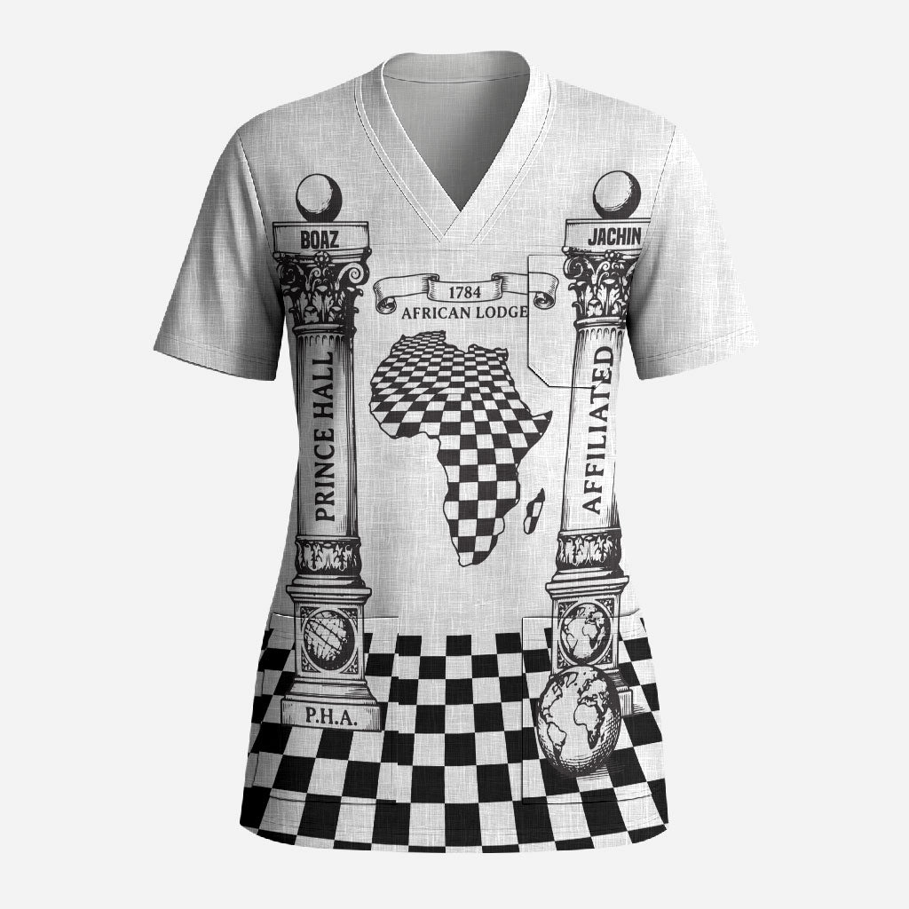 Prince Hall Affiliated Freemasonry Scrub Top Classic Masonic Pillars Boaz Jachin Checkerboard Africa Map