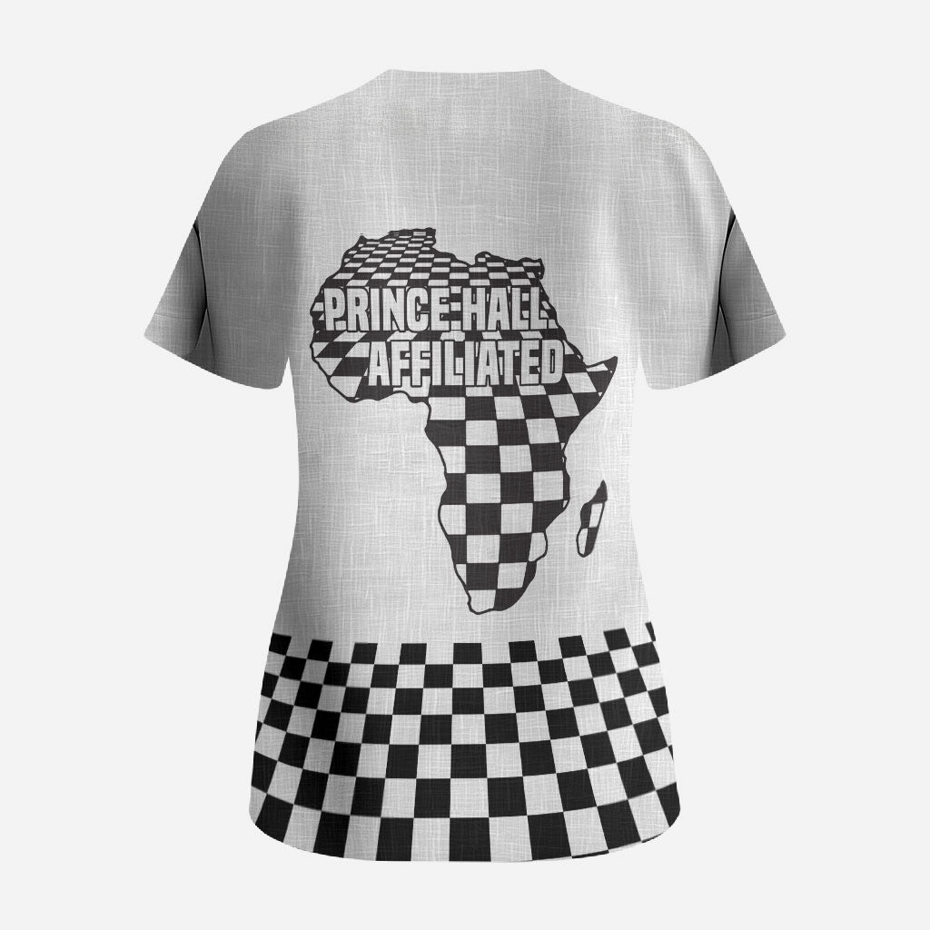 Prince Hall Affiliated Freemasonry Scrub Top Classic Masonic Pillars Boaz Jachin Checkerboard Africa Map