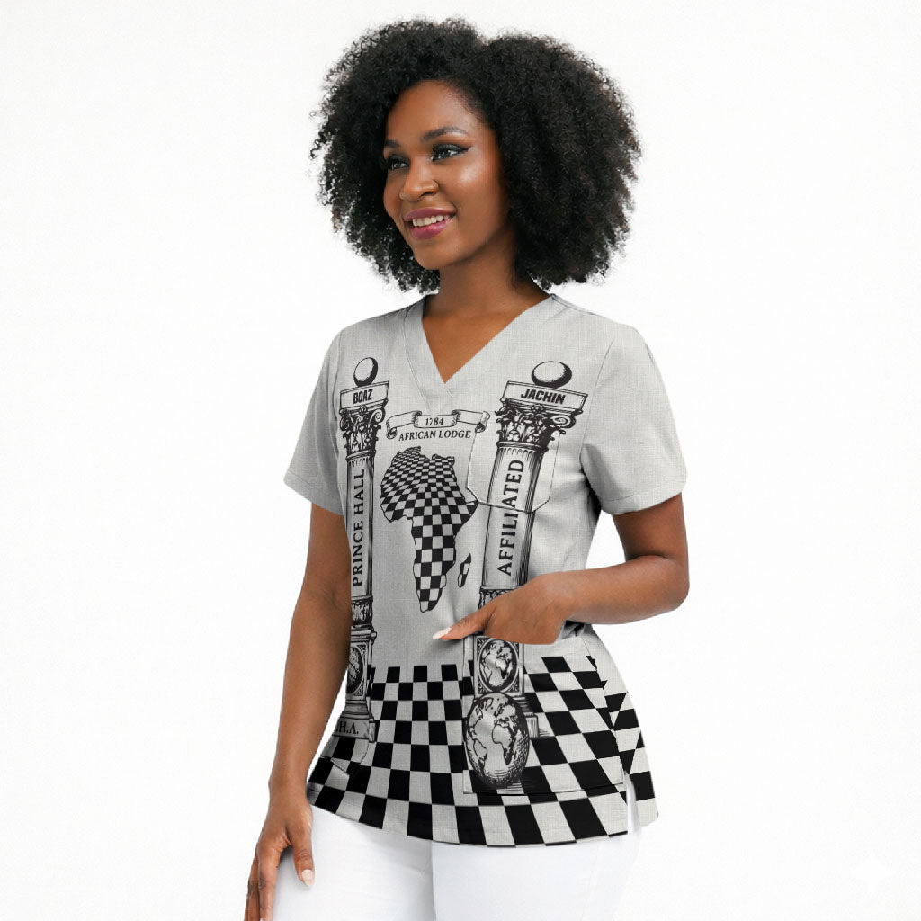 Prince Hall Affiliated Freemasonry Scrub Top Classic Masonic Pillars Boaz Jachin Checkerboard Africa Map