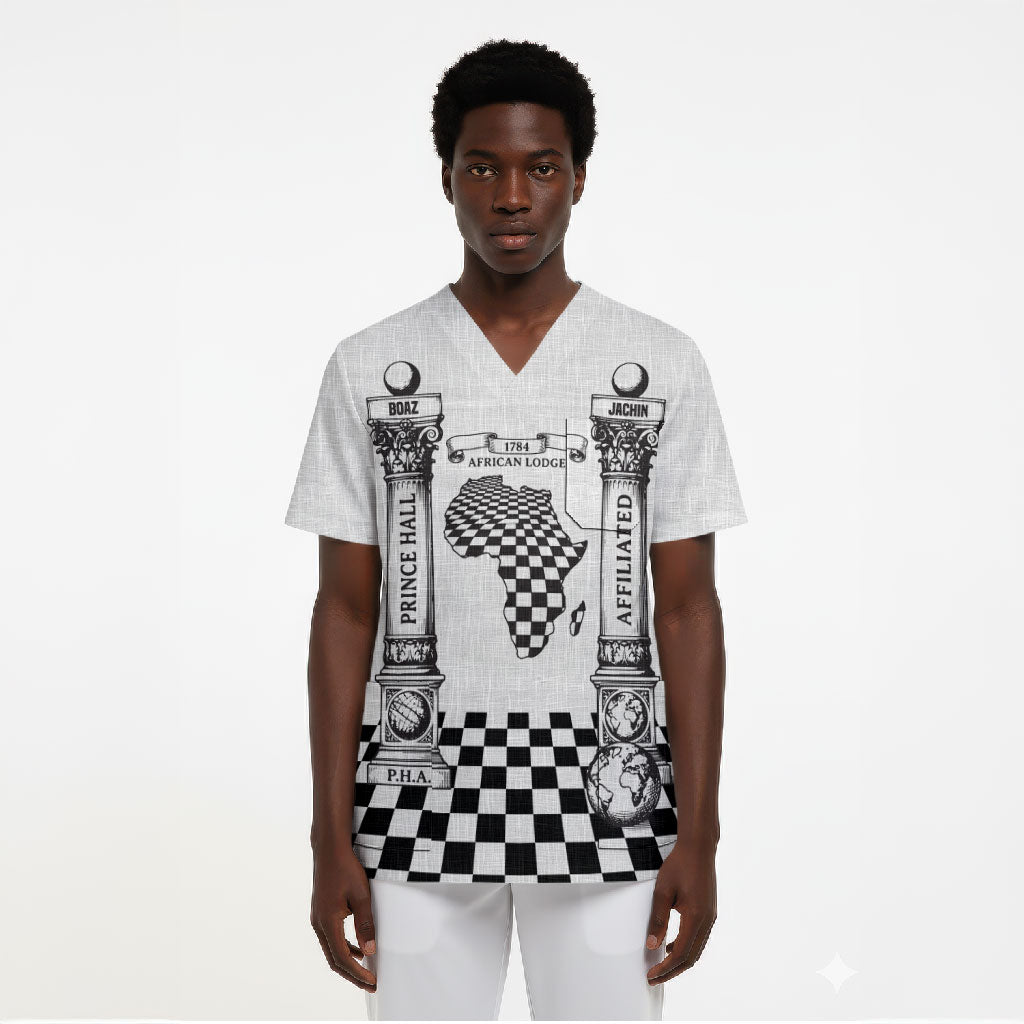 Prince Hall Affiliated Freemasonry Scrub Top Classic Masonic Pillars Boaz Jachin Checkerboard Africa Map