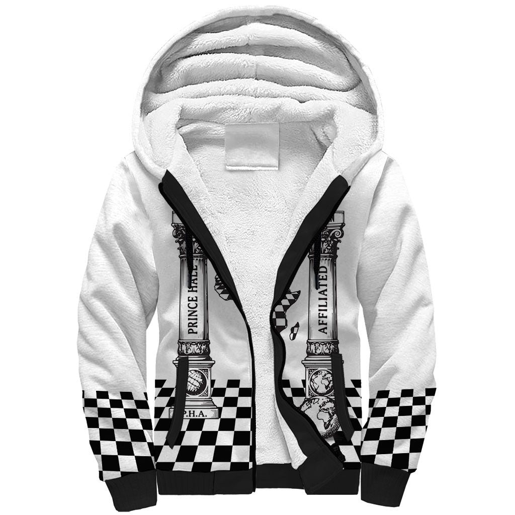 Prince Hall Affiliated Freemasonry Sherpa Hoodie Classic Masonic Pillars Boaz Jachin Checkerboard Africa Map