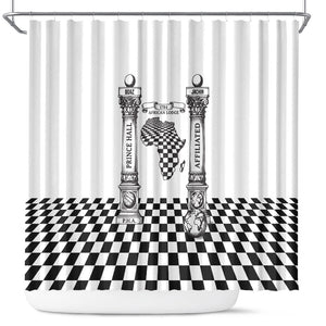 Prince Hall Affiliated Freemasonry Shower Curtain Classic Masonic Pillars Boaz Jachin Checkerboard Africa Map