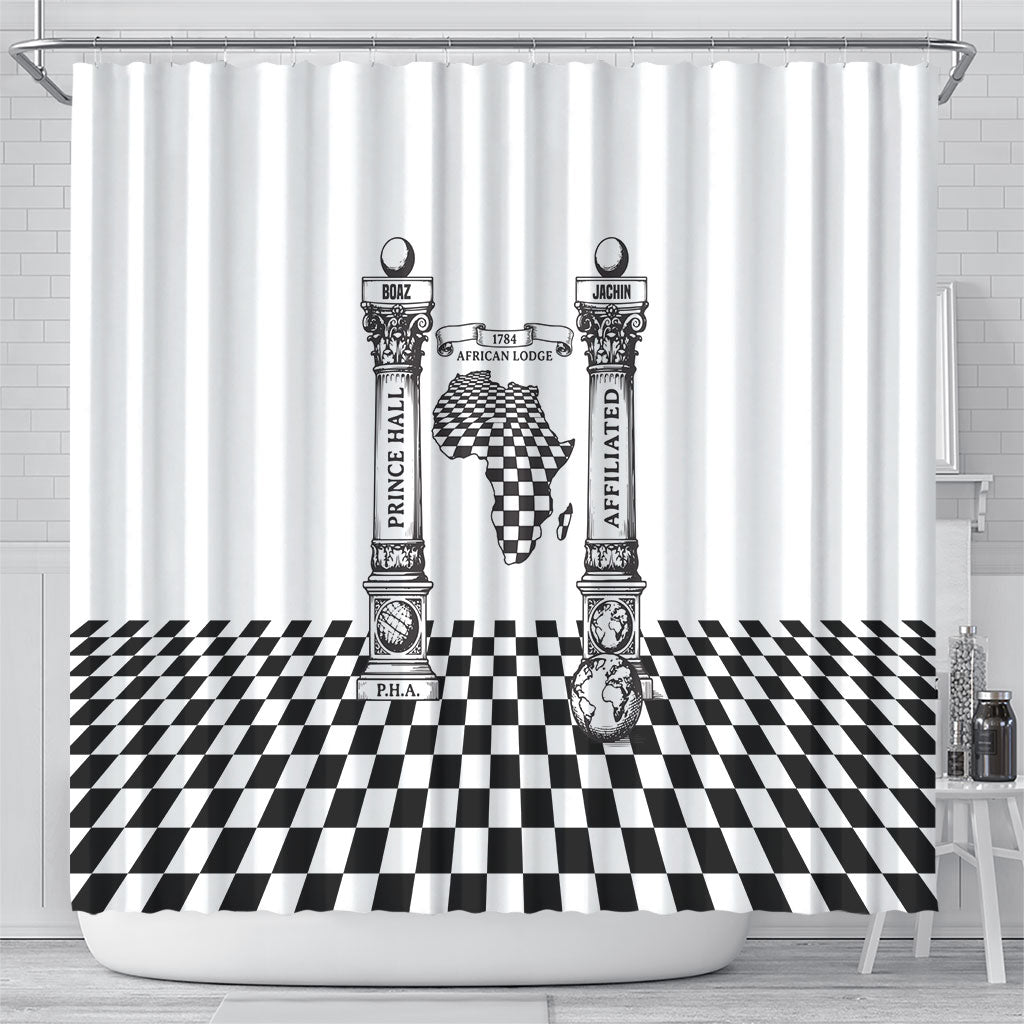 Prince Hall Affiliated Freemasonry Shower Curtain Classic Masonic Pillars Boaz Jachin Checkerboard Africa Map