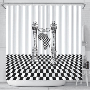 Prince Hall Affiliated Freemasonry Shower Curtain Classic Masonic Pillars Boaz Jachin Checkerboard Africa Map