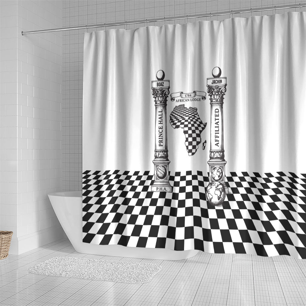 Prince Hall Affiliated Freemasonry Shower Curtain Classic Masonic Pillars Boaz Jachin Checkerboard Africa Map