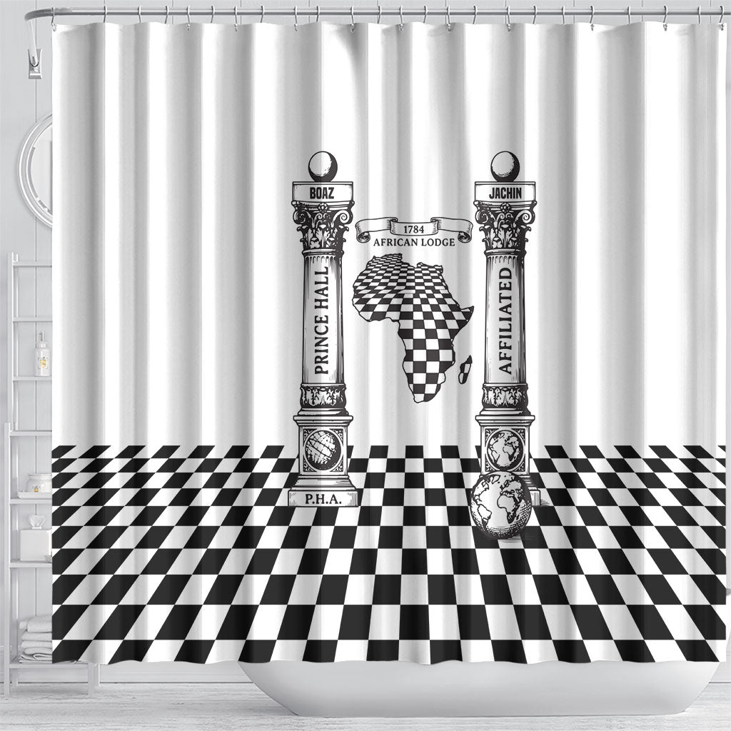 Prince Hall Affiliated Freemasonry Shower Curtain Classic Masonic Pillars Boaz Jachin Checkerboard Africa Map