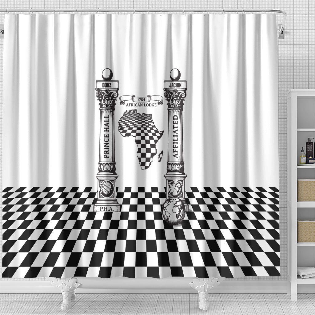 Prince Hall Affiliated Freemasonry Shower Curtain Classic Masonic Pillars Boaz Jachin Checkerboard Africa Map