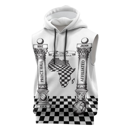 Prince Hall Affiliated Freemasonry Sleeveless Hoodie Classic Masonic Pillars Boaz Jachin Checkerboard Africa Map