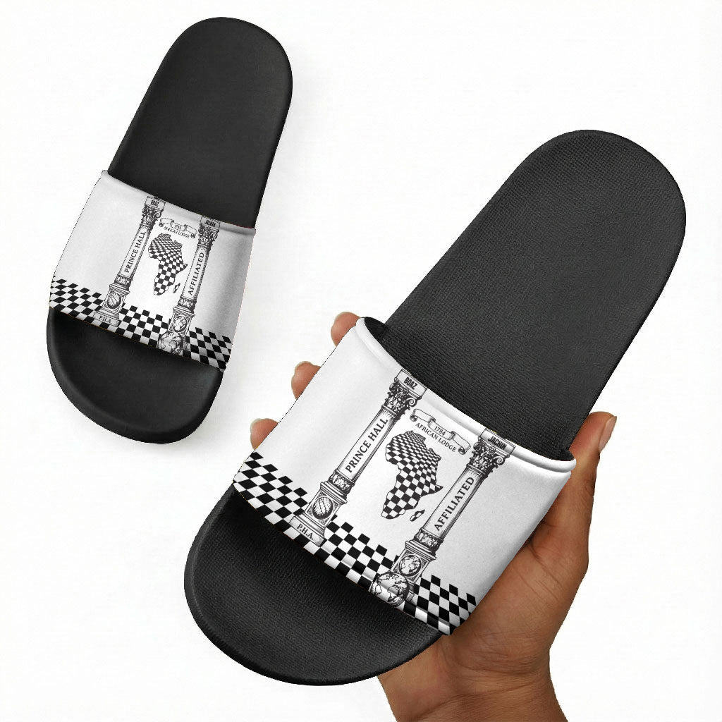 Prince Hall Affiliated Freemasonry Slide Sandals Classic Masonic Pillars Boaz Jachin Checkerboard Africa Map