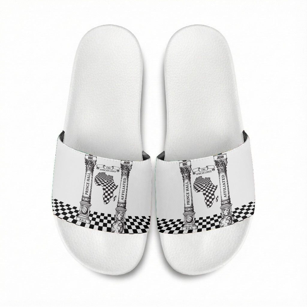 Prince Hall Affiliated Freemasonry Slide Sandals Classic Masonic Pillars Boaz Jachin Checkerboard Africa Map