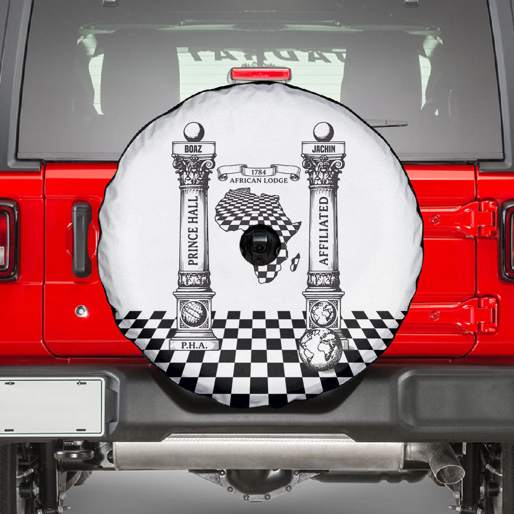 Prince Hall Affiliated Freemasonry Spare Tire Cover Classic Masonic Pillars Boaz Jachin Checkerboard Africa Map
