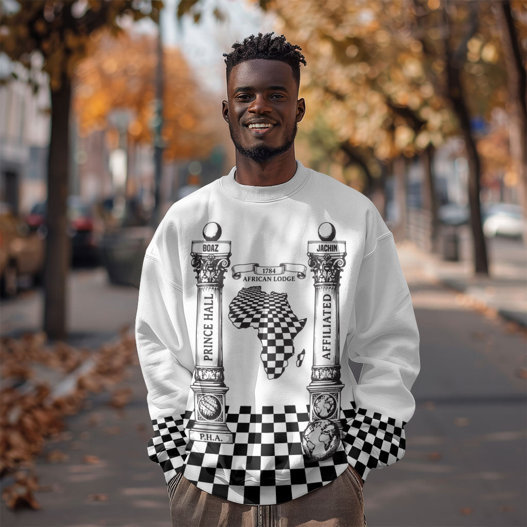 Prince Hall Affiliated Freemasonry Sweatshirt Classic Masonic Pillars Boaz Jachin Checkerboard Africa Map