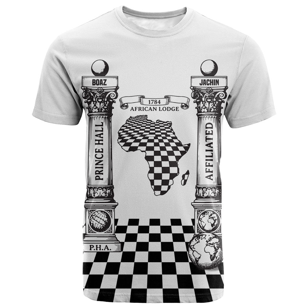 Prince Hall Affiliated Freemasonry T shirt Classic Masonic Pillars Boaz Jachin Checkerboard Africa Map