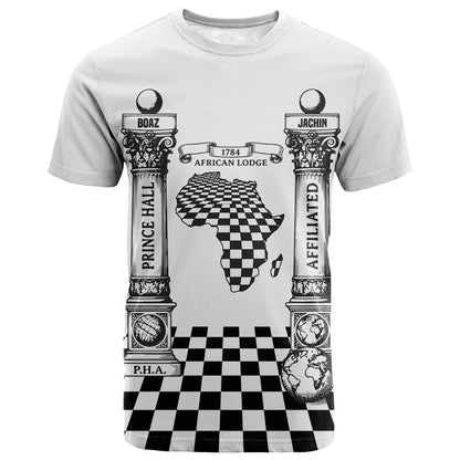 Prince Hall Affiliated Freemasonry T shirt Classic Masonic Pillars Boaz Jachin Checkerboard Africa Map