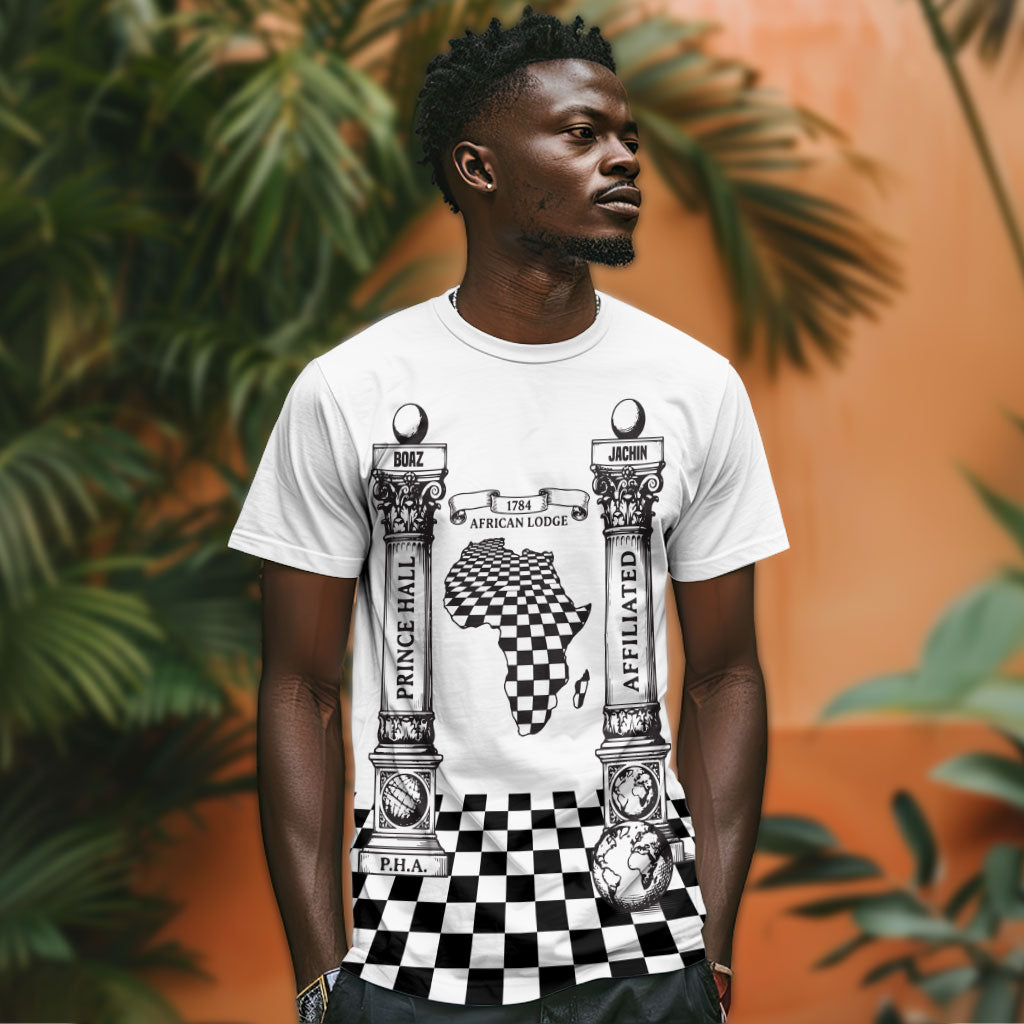 Prince Hall Affiliated Freemasonry T shirt Classic Masonic Pillars Boaz Jachin Checkerboard Africa Map