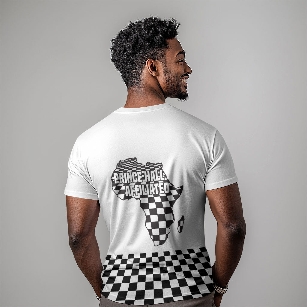 Prince Hall Affiliated Freemasonry T shirt Classic Masonic Pillars Boaz Jachin Checkerboard Africa Map