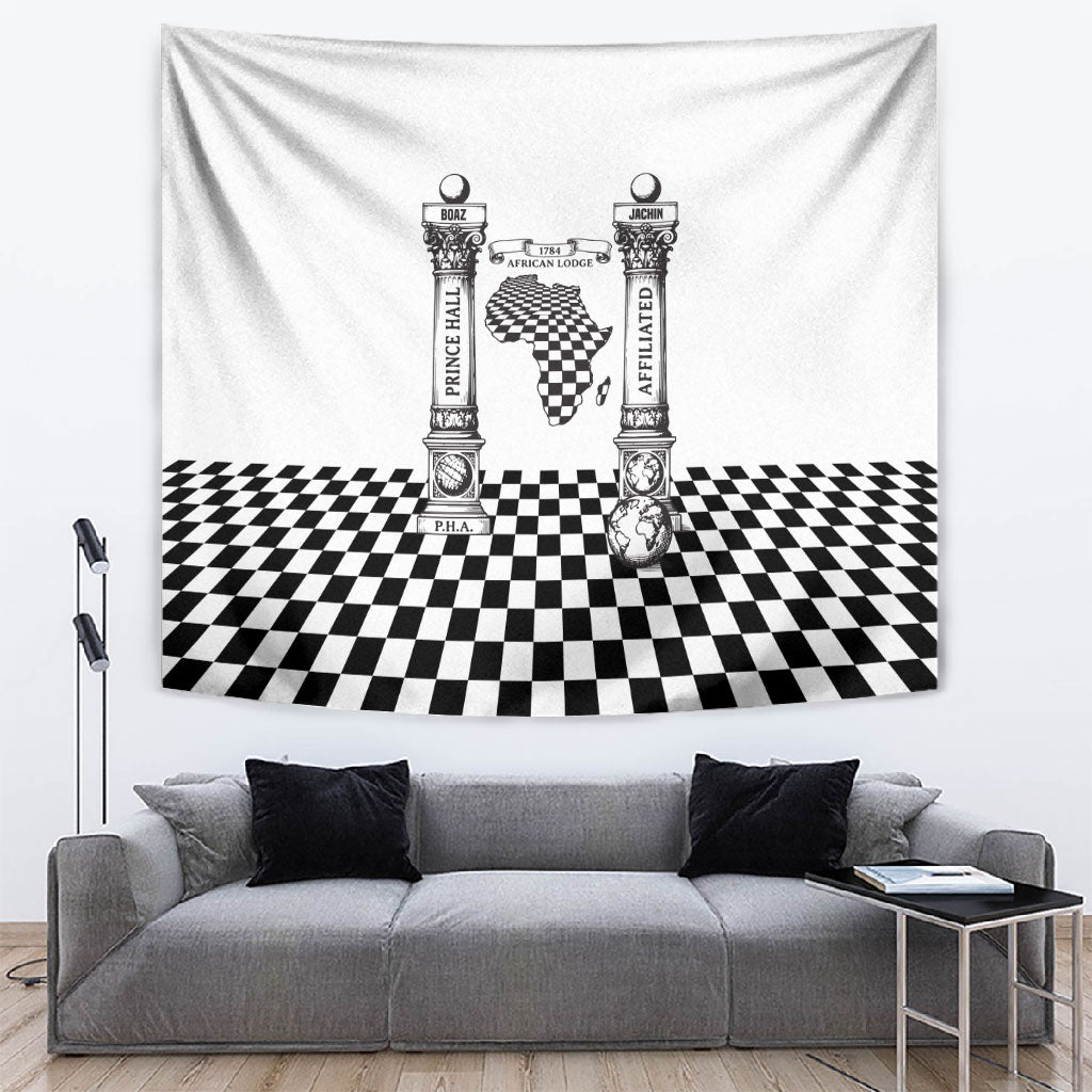 Prince Hall Affiliated Freemasonry Tapestry Classic Masonic Pillars Boaz Jachin Checkerboard Africa Map