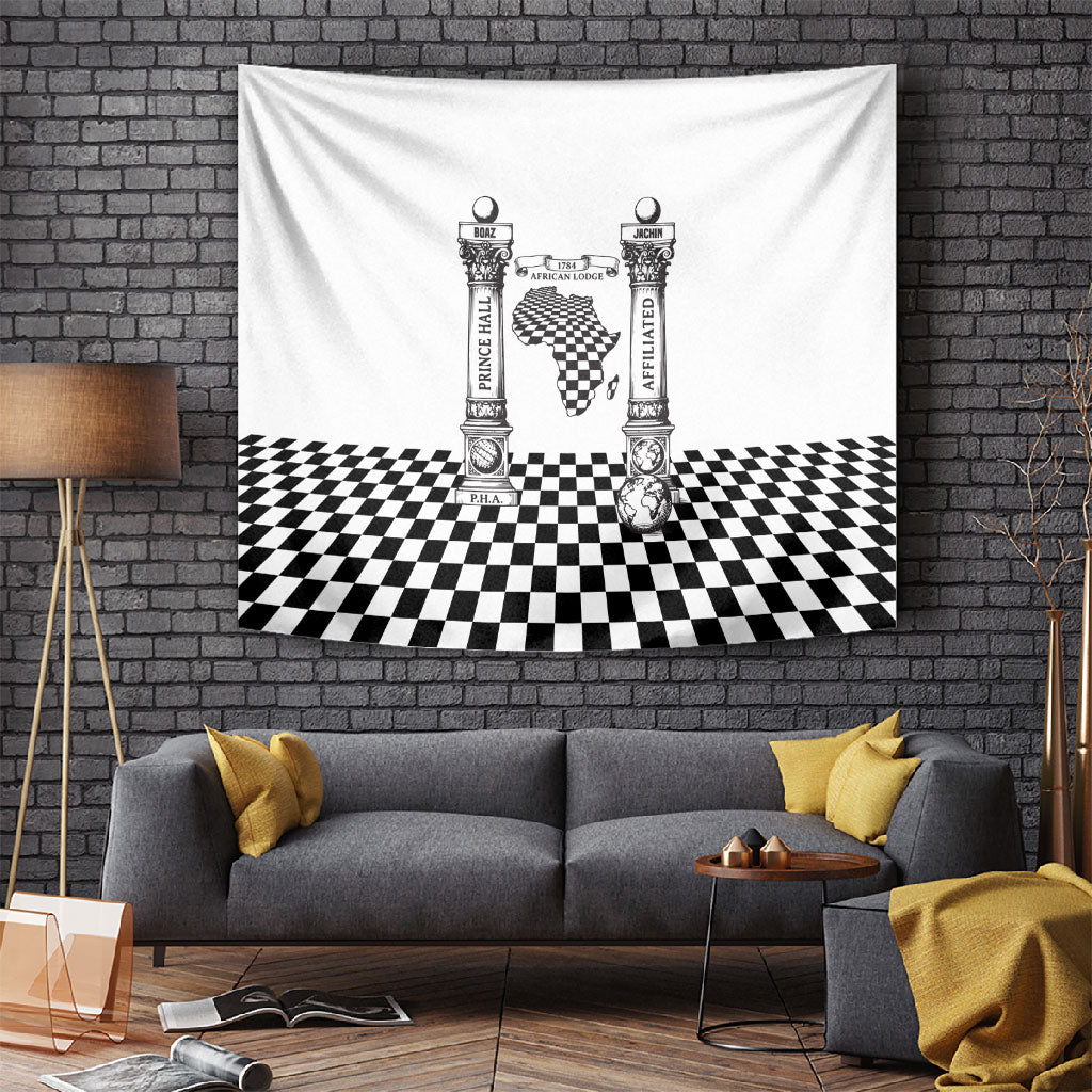 Prince Hall Affiliated Freemasonry Tapestry Classic Masonic Pillars Boaz Jachin Checkerboard Africa Map