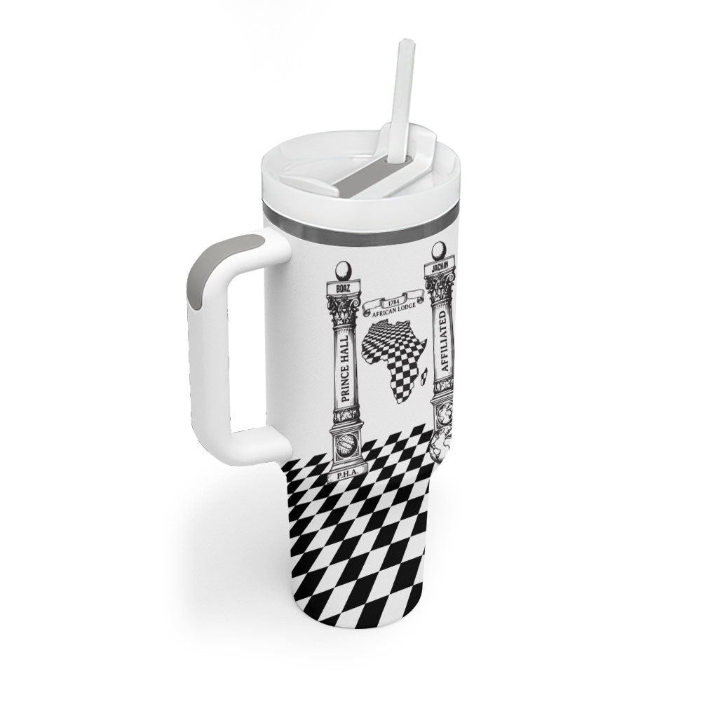 Prince Hall Affiliated Freemasonry Tumbler With Handle Classic Masonic Pillars Boaz Jachin Checkerboard Africa Map